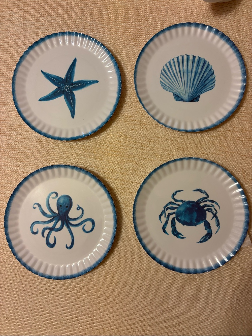 Sigrid Olsen White Melamine appetizer Plates with Blue coastal Sealife Designs
